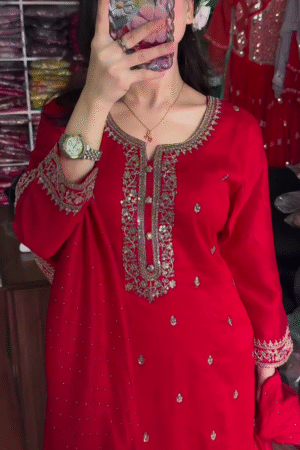 Radiant Red Hand-Embroidered Kurta with Intricate Golden Detailing